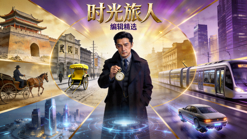 编辑精选电影《时光旅人》海报，主角穿越不同时代场景