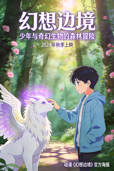 动漫《幻想边境》海报，少年与奇幻生物在森林中
