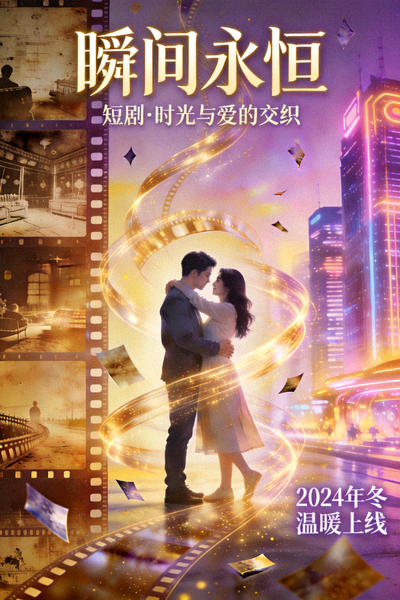 短剧《瞬间永恒》海报，情侣在时光交错中相拥