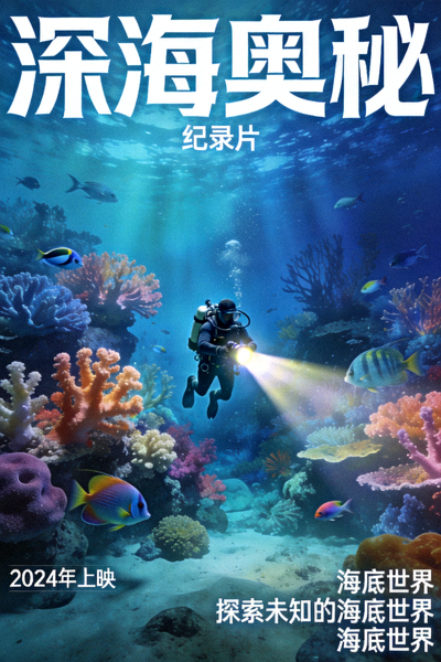 纪录片《深海奥秘》海报，潜水员在珊瑚礁中探索
