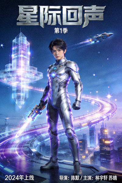 科幻剧《星际回声》海报，主角站在未来城市背景下