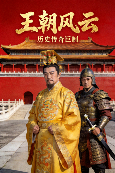 历史剧《王朝风云》海报，古代帝王与将领在宫殿前
