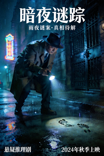 悬疑剧《暗夜谜踪》海报，侦探在雨夜调查神秘事件